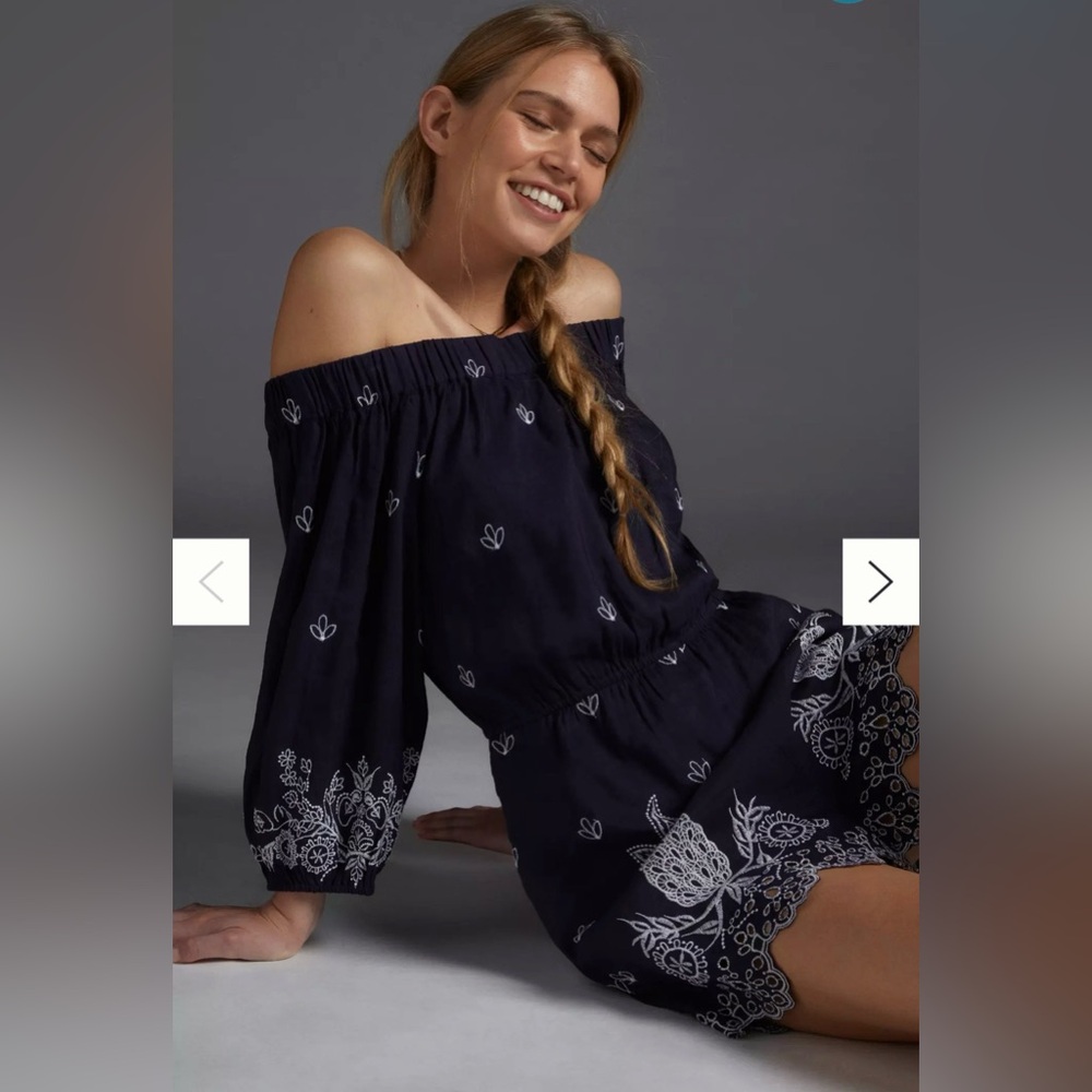 Anthropologie Farm Rio Navy Embroidered Romper XS Off Shoulder Pineapple Linen